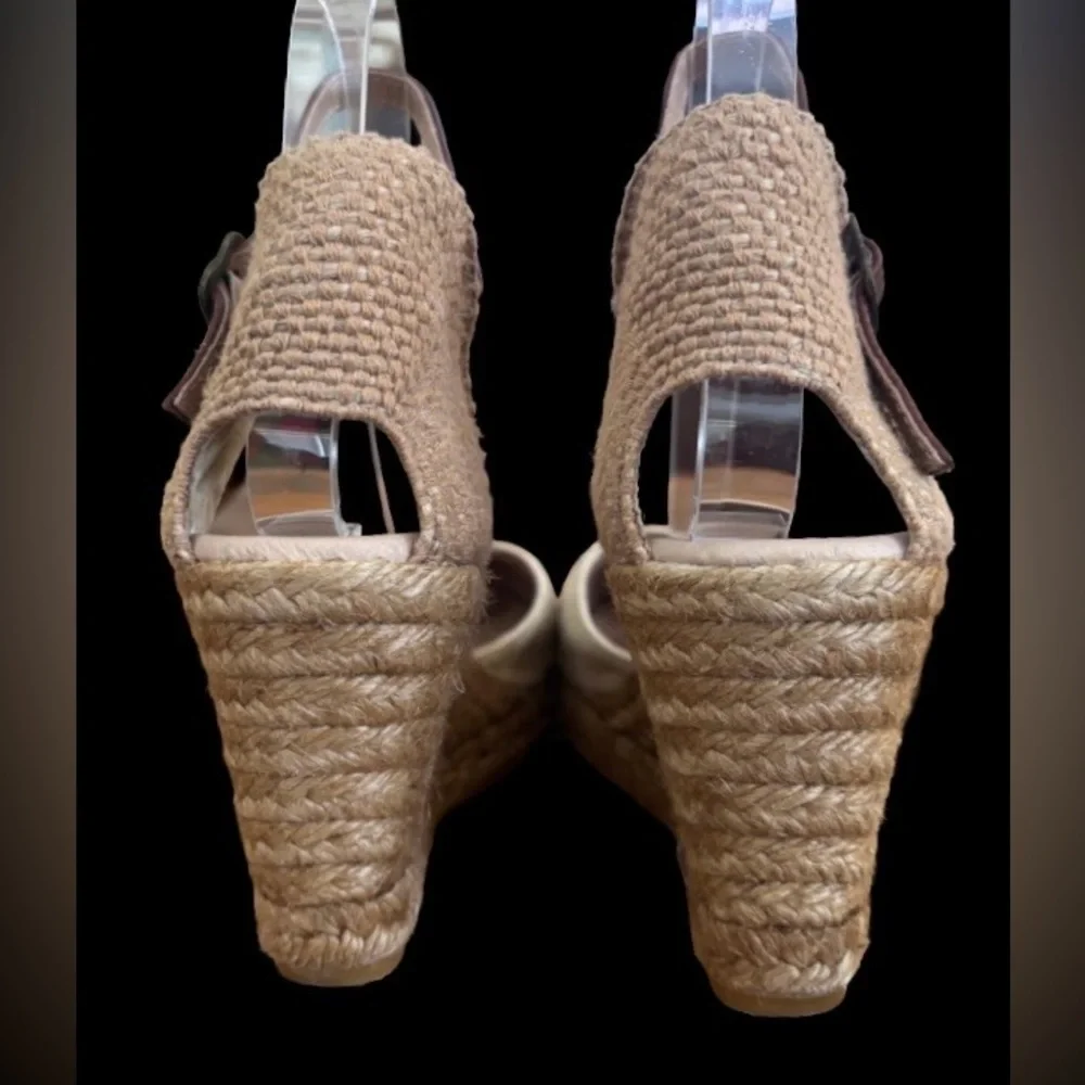 Giamo Anthro beige suede 3” wedge heel espadrilles w brwn lthr strp SZ 8 coastal